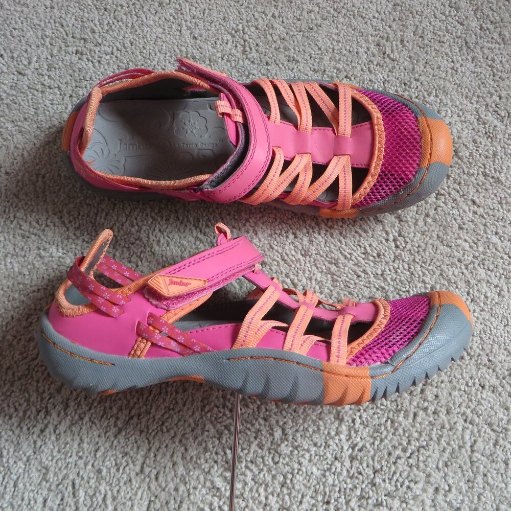 Jambu Youth Girls Water Sandals Size 4 Velcro Pink/Fuchsia/Coral/Gray Mary Jane